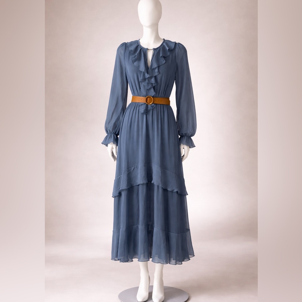 Zara Dusty Blue Ruffle Chiffon Midi Dress – Long Sleeve Feminine Belted Dress